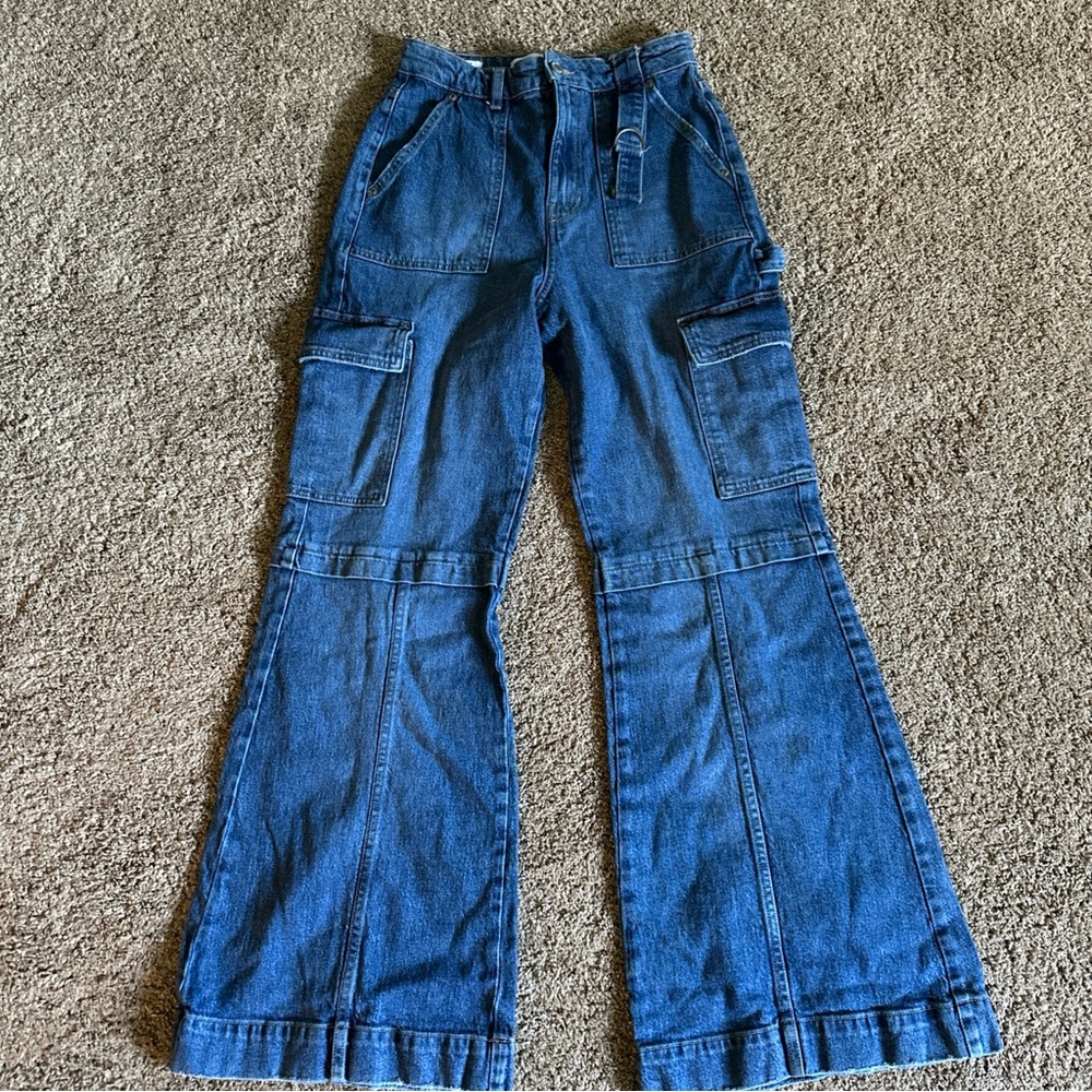 Social Tourist Jeans 5R W27 Ultra High Rise Cargo‎ Denim Pockets Wide Leg Flare